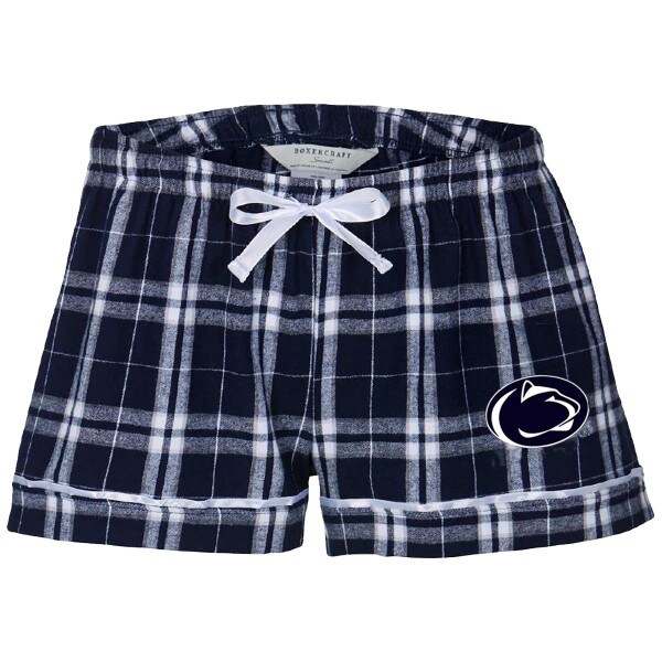 women's navy plaid flannel shorts with Penn State Athletic Logo on left thigh